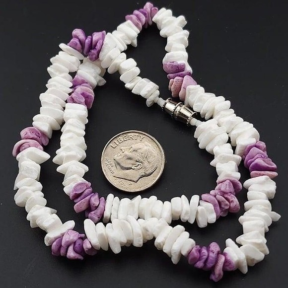 Jewelry - White & Purple Puka Shell Necklace 16 inches surfer beach